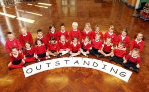 St Stephens Primary School , Skipton celebrate recieving an outstanding OFSTED . .
